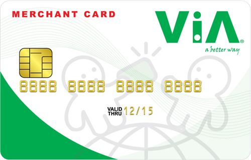 The ViA Merchant and Vendor card, white with curved green adge.